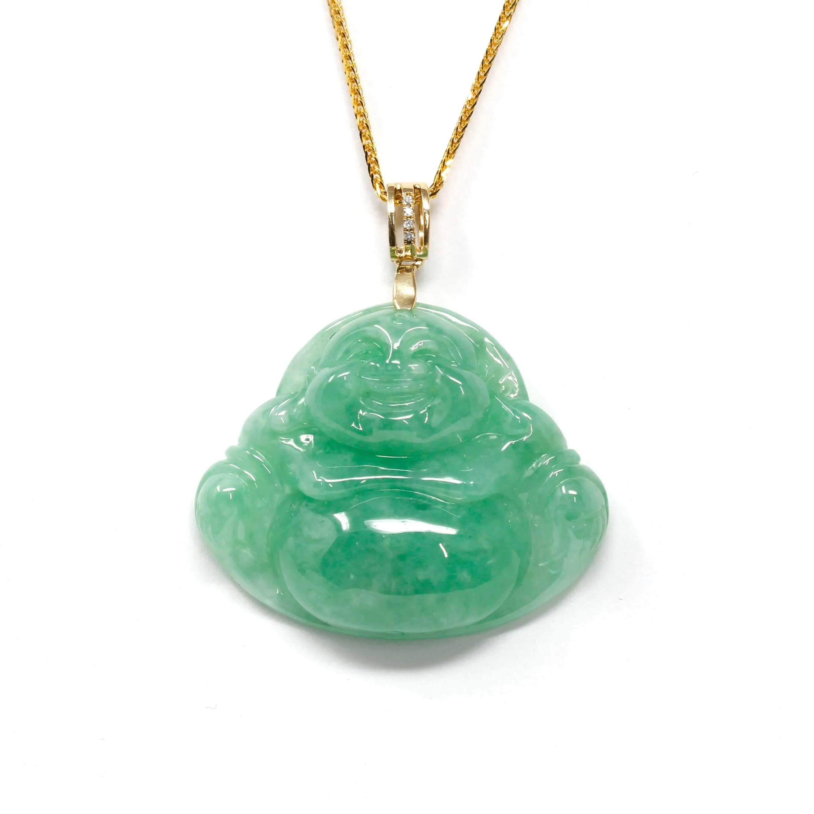 Baikalla™ "Laughing Buddha" Green Jadeite Buddha Pendant Necklace With 18k Yellow Gold Diamond Bail