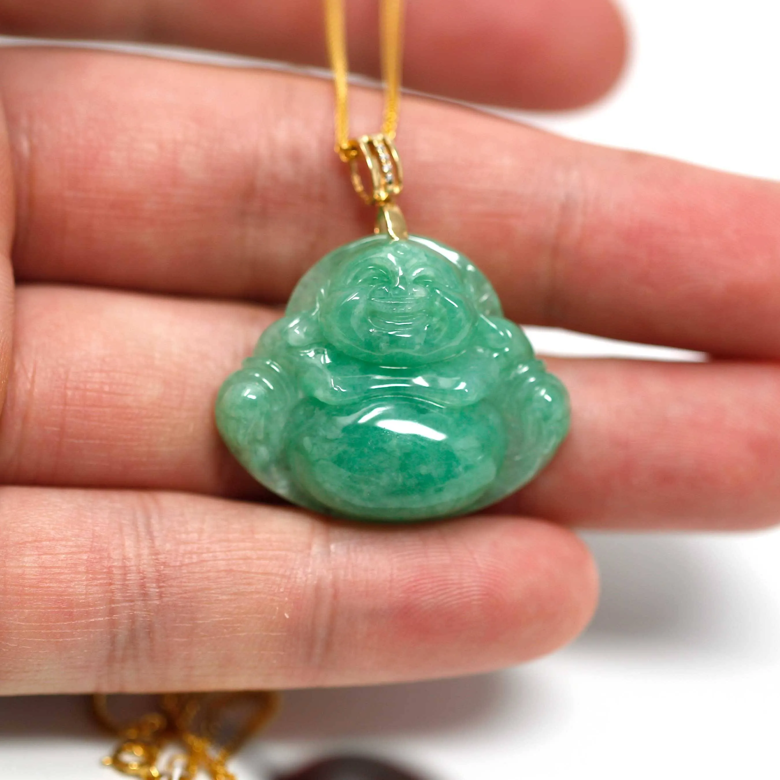 Baikalla™ "Laughing Buddha" Green Jadeite Buddha Pendant Necklace With 18k Yellow Gold Diamond Bail