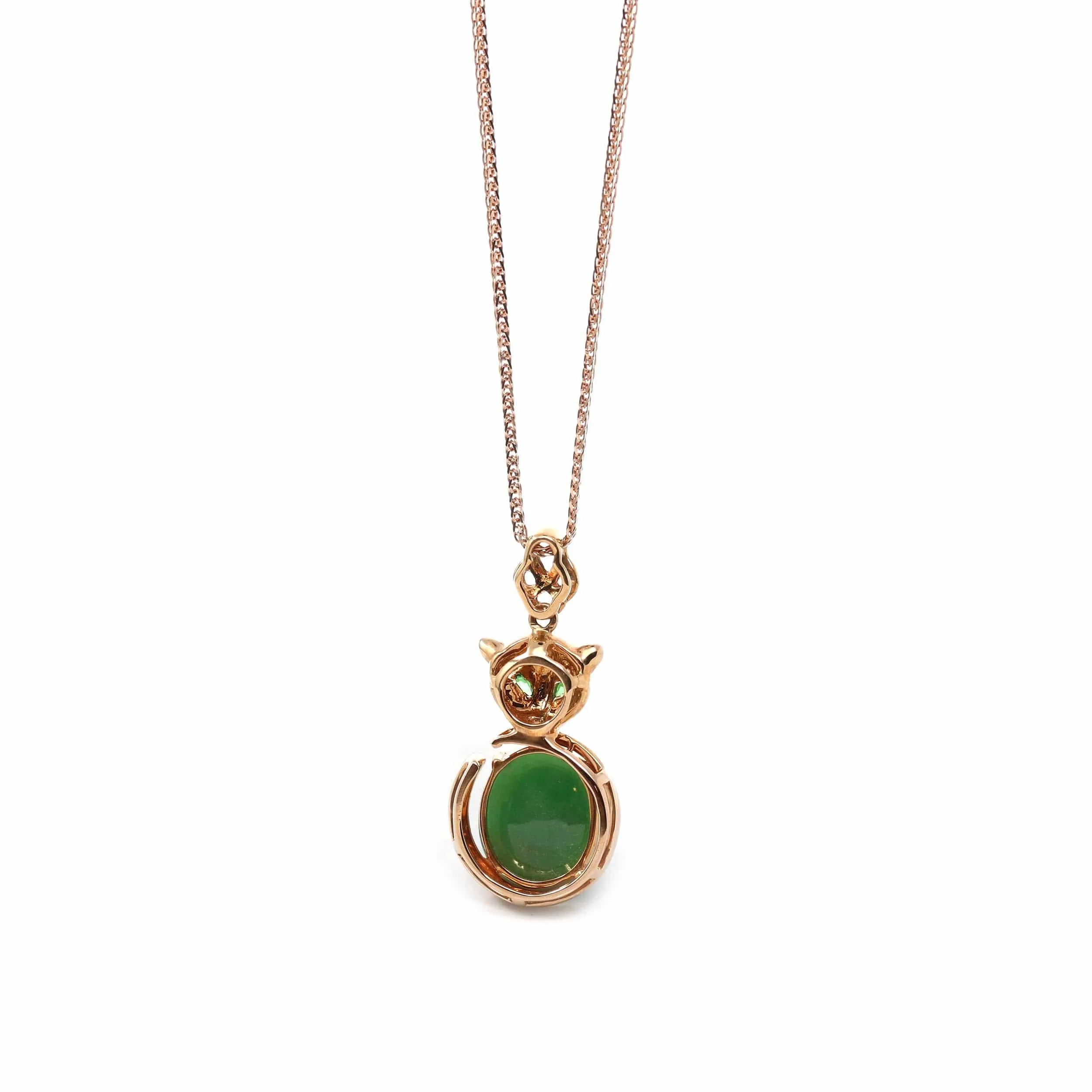 Baikalla™ "Lucky Owl" 18k Rose Gold Genuine Burmese Imperial Jadeite Jade Owl Pendant Necklace