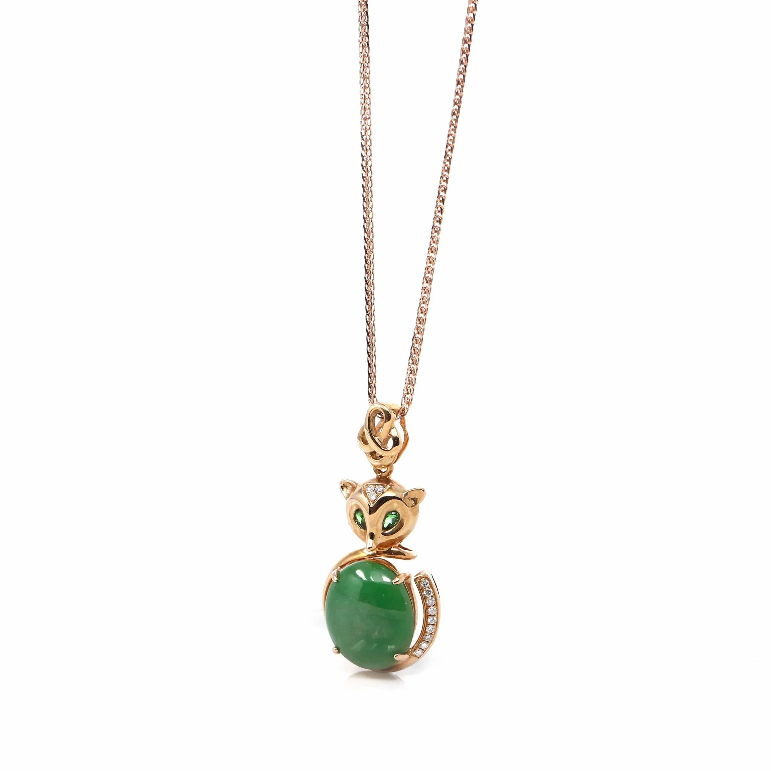 Baikalla™ "Lucky Owl" 18k Rose Gold Genuine Burmese Imperial Jadeite Jade Owl Pendant Necklace
