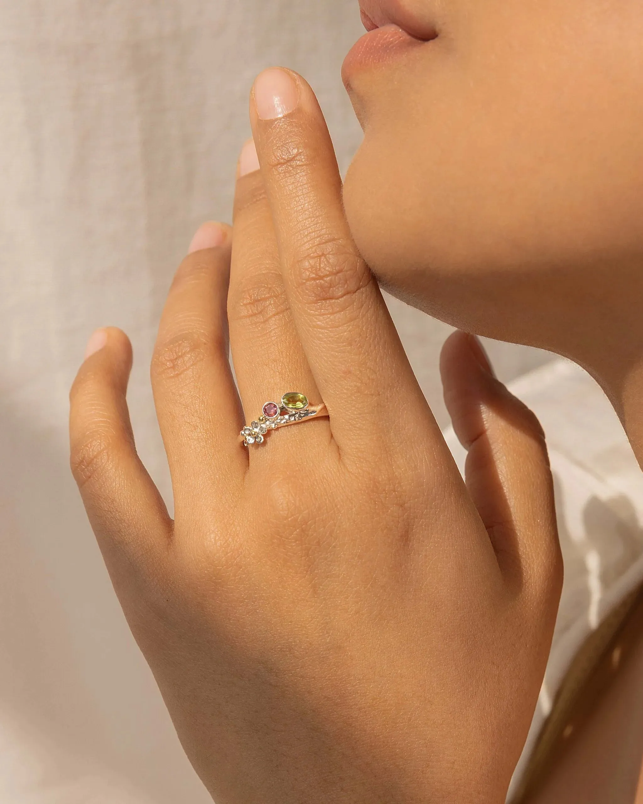 Banyan Peridot and Pink Tourmaline Flower Ring