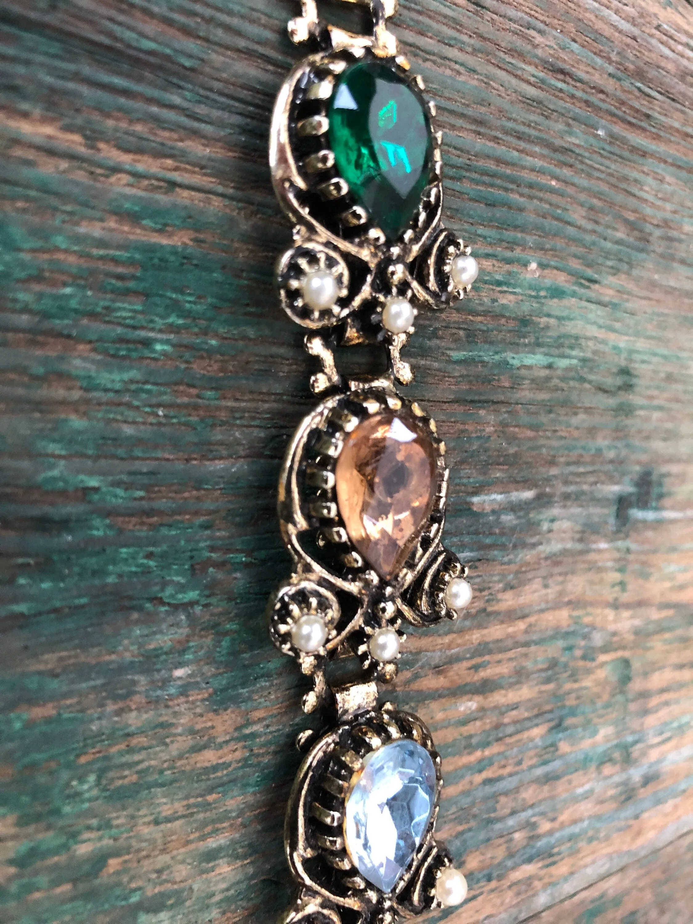 Belle Epoque Fruit Salad Book Chain Bracelet with Pear Faceted Peridot, Amethyst, Aquamarine, Citrine & Emerald Art Glass