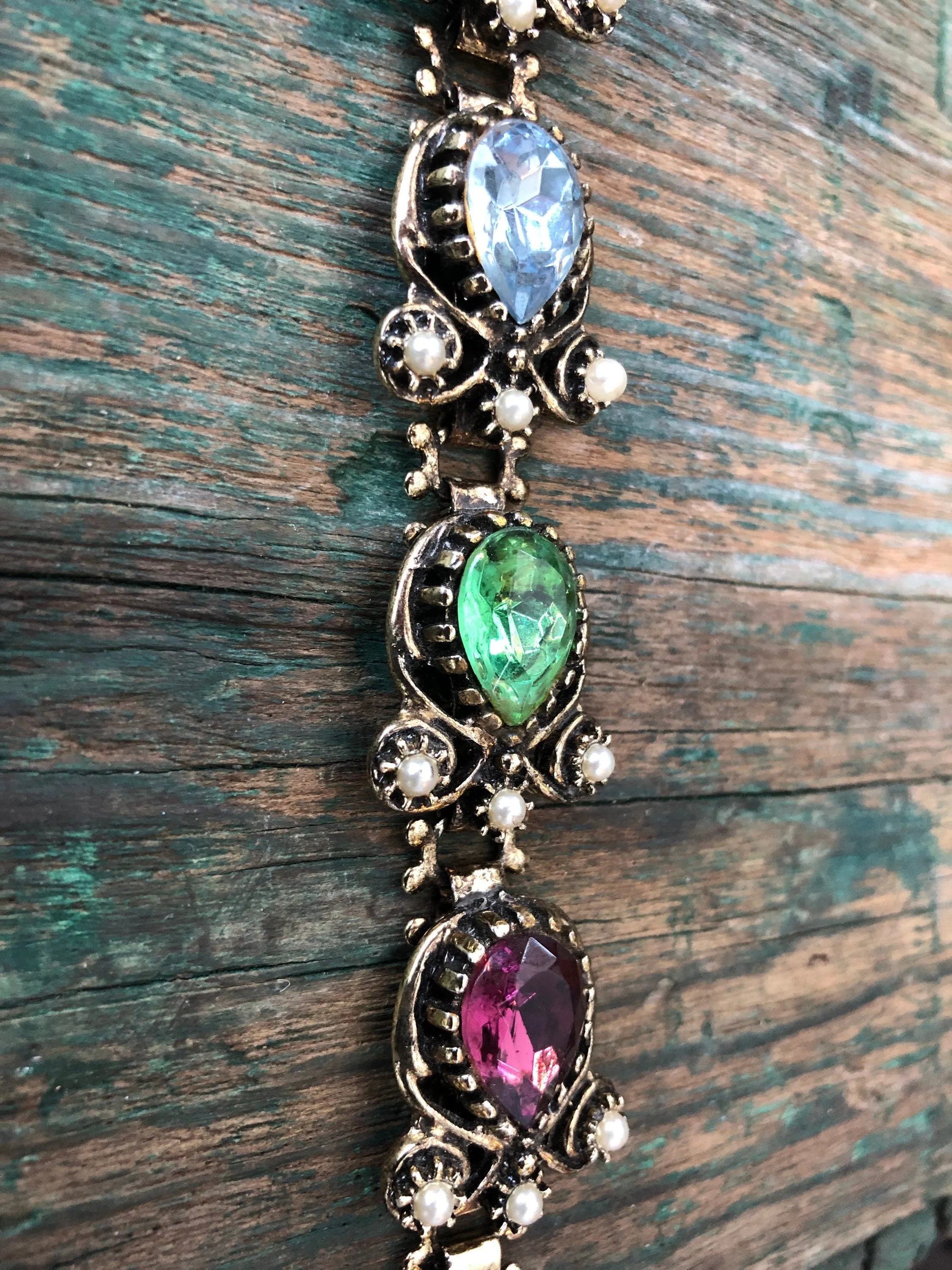 Belle Epoque Fruit Salad Book Chain Bracelet with Pear Faceted Peridot, Amethyst, Aquamarine, Citrine & Emerald Art Glass