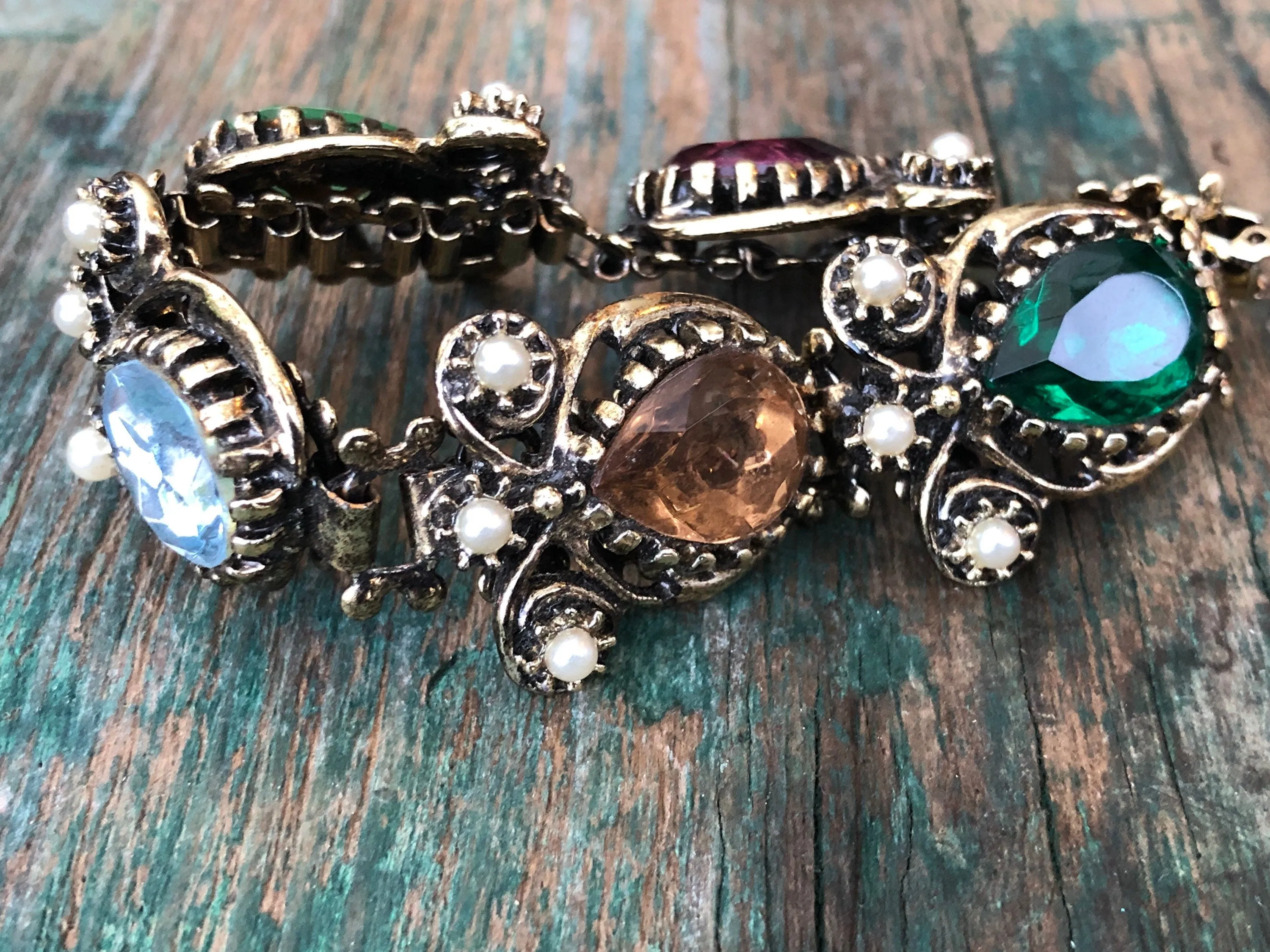 Belle Epoque Fruit Salad Book Chain Bracelet with Pear Faceted Peridot, Amethyst, Aquamarine, Citrine & Emerald Art Glass