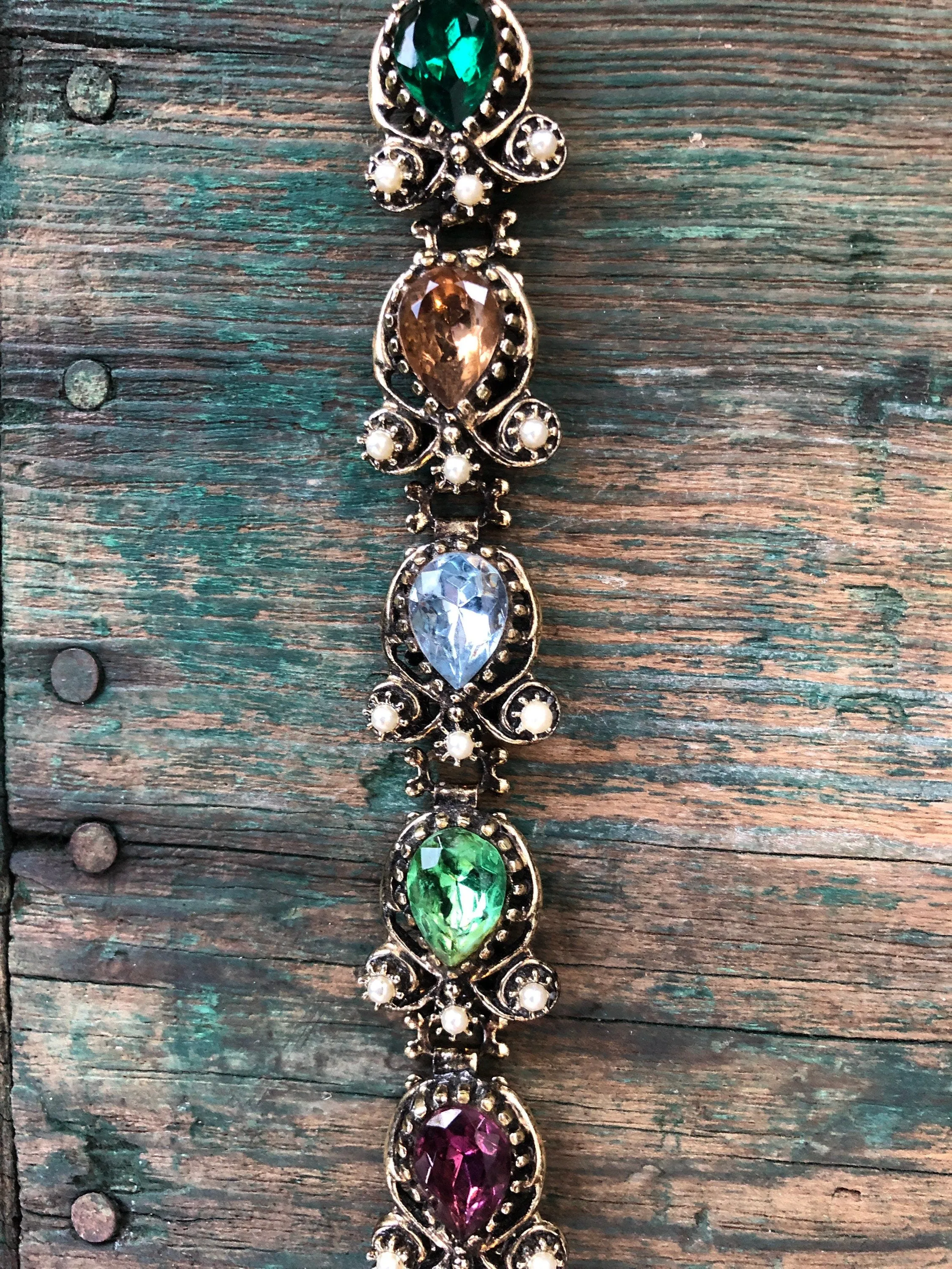 Belle Epoque Fruit Salad Book Chain Bracelet with Pear Faceted Peridot, Amethyst, Aquamarine, Citrine & Emerald Art Glass