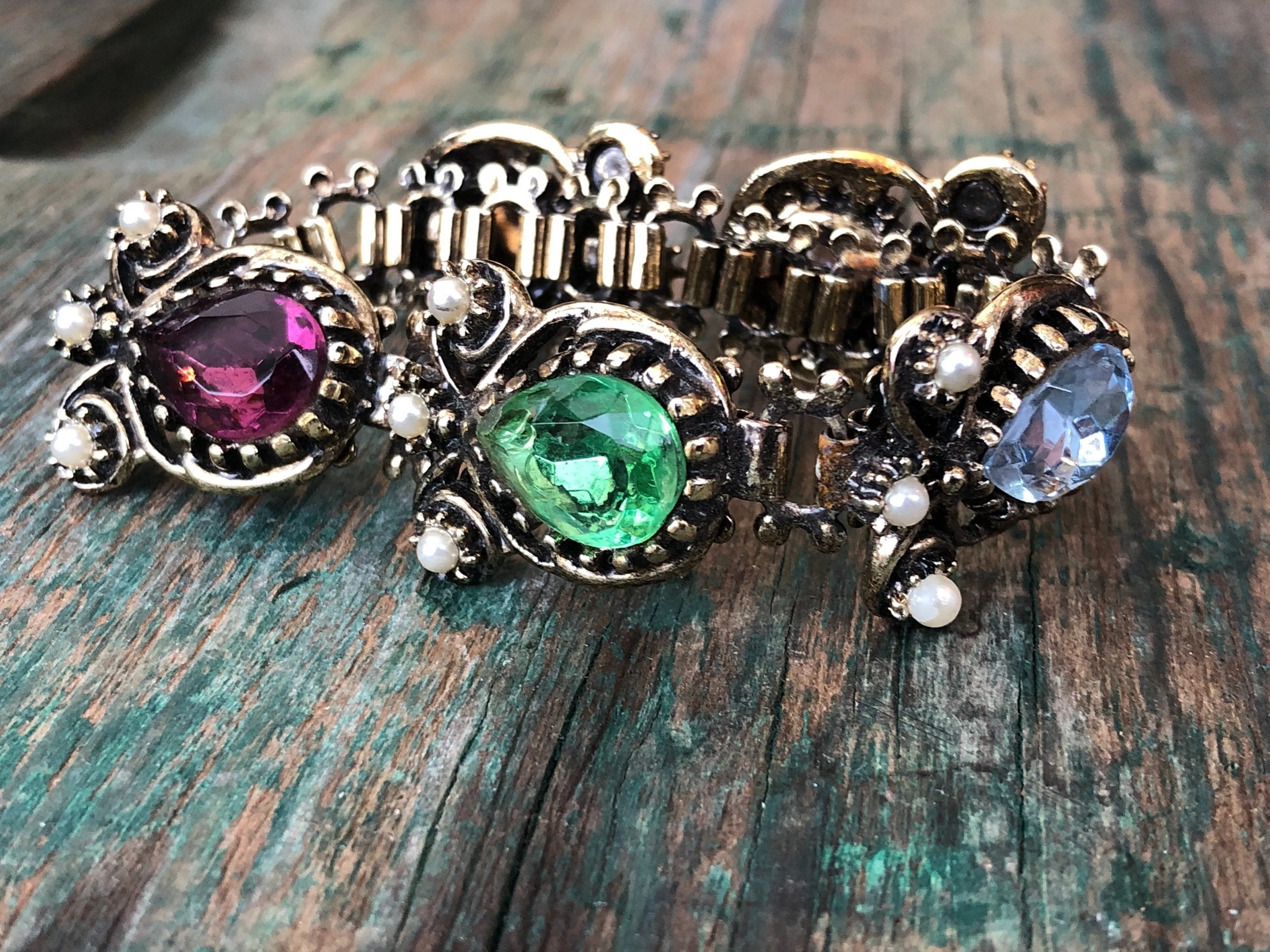 Belle Epoque Fruit Salad Book Chain Bracelet with Pear Faceted Peridot, Amethyst, Aquamarine, Citrine & Emerald Art Glass