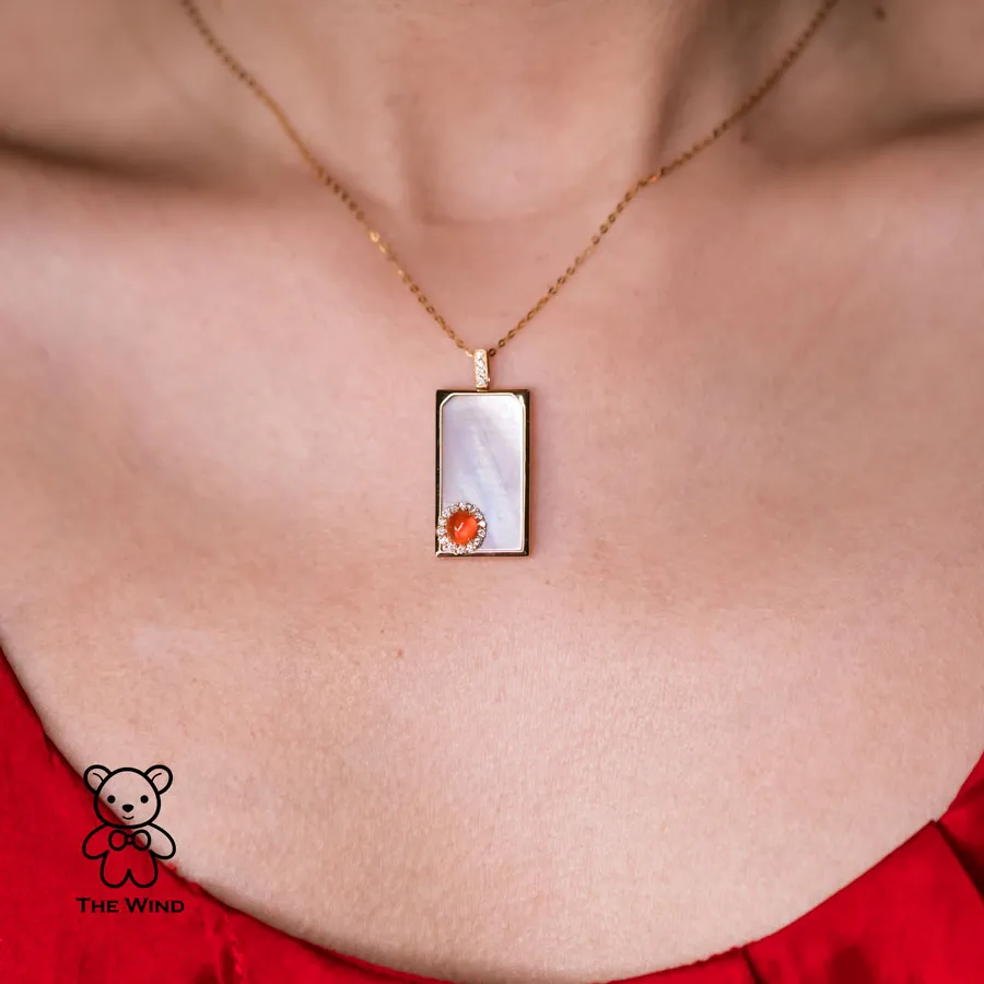 Best Wishes - Fire Opal Halo Diamond & Mother of Pearl Necklace 18K Yellow Gold