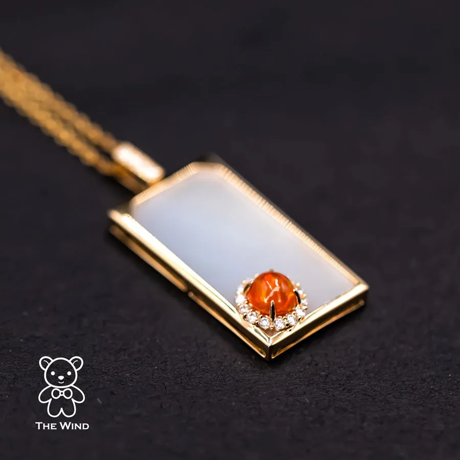Best Wishes - Fire Opal Halo Diamond & Mother of Pearl Necklace 18K Yellow Gold