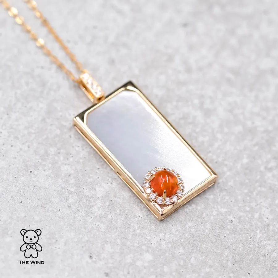 Best Wishes - Fire Opal Halo Diamond & Mother of Pearl Necklace 18K Yellow Gold