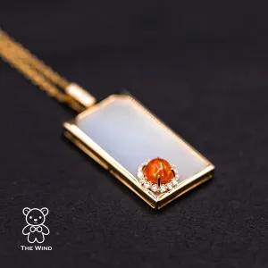 Best Wishes - Fire Opal Halo Diamond & Mother of Pearl Necklace 18K Yellow Gold