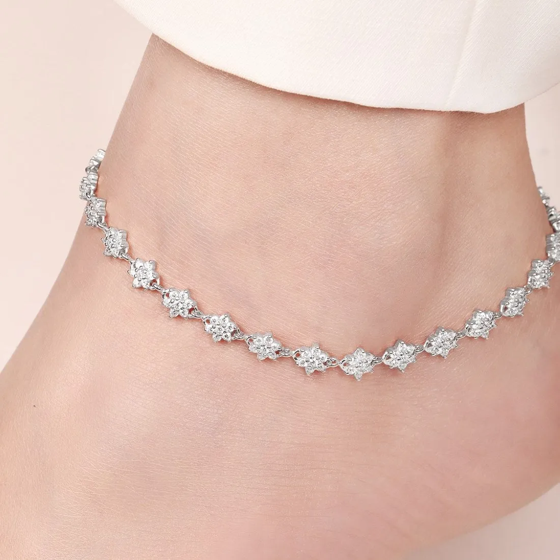 Blooming Beauty 925 Sterling Silver Rhodium-Plated Flower Anklet