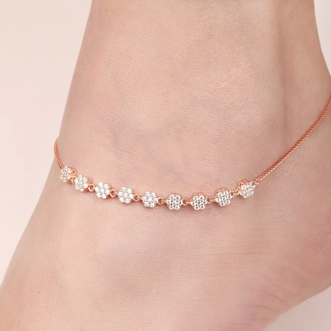 Blossom Brilliance Floral CZ Rose Gold Plated 925 Sterling Silver Anklet