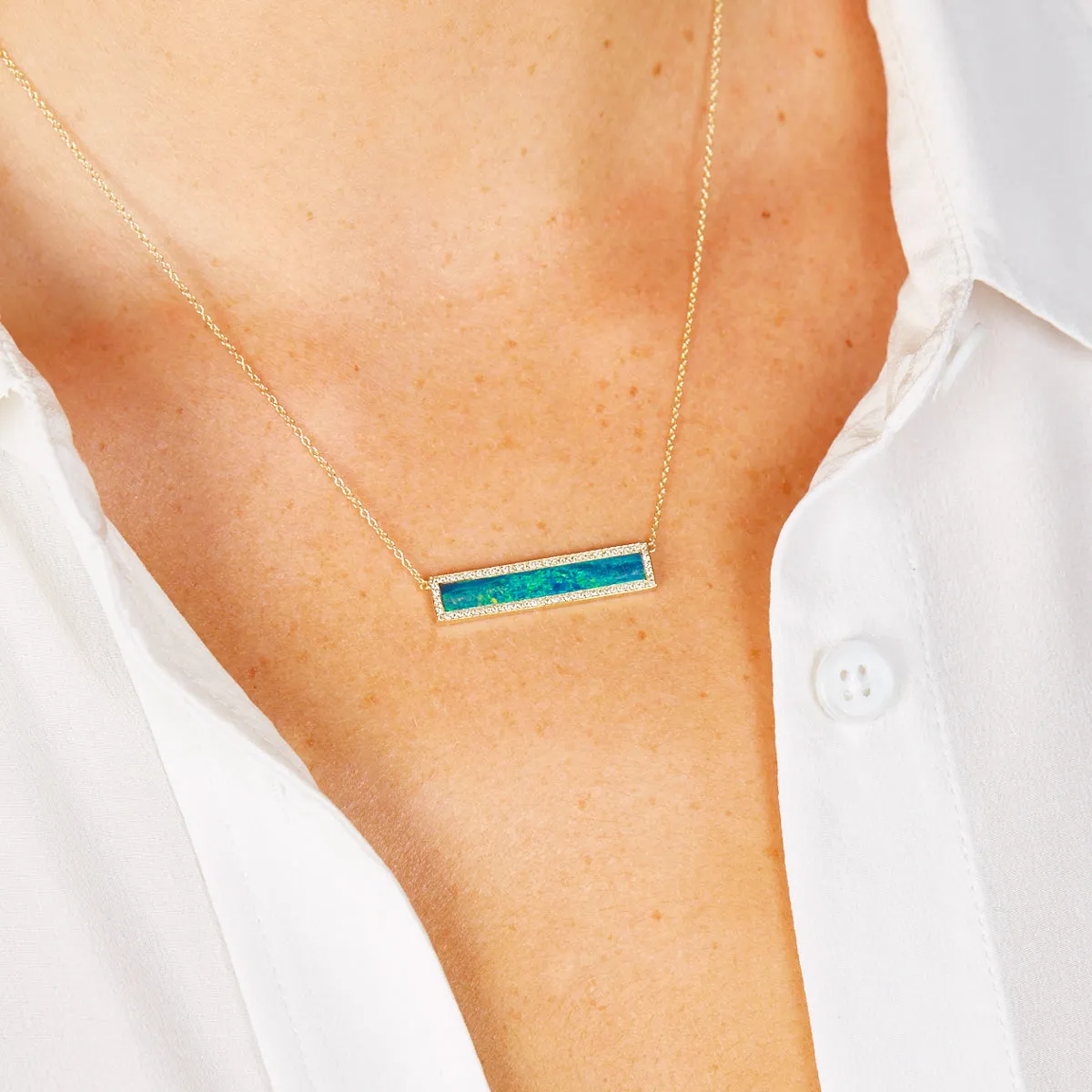 Blue Boulder Opal Inlay Bar Necklace with Diamonds