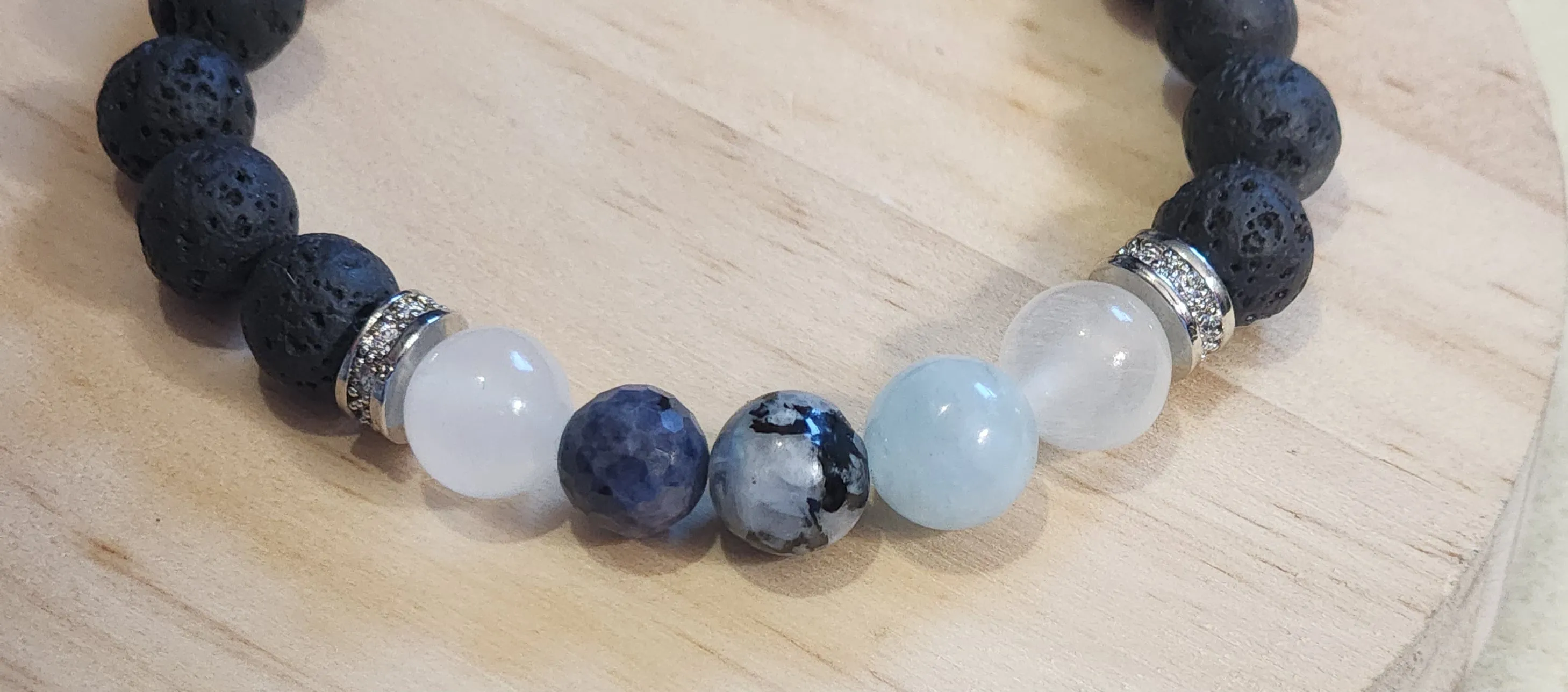 Bracelet with Moonstone, Sapphire, Aquamarine, Selenite, and Lava stones
