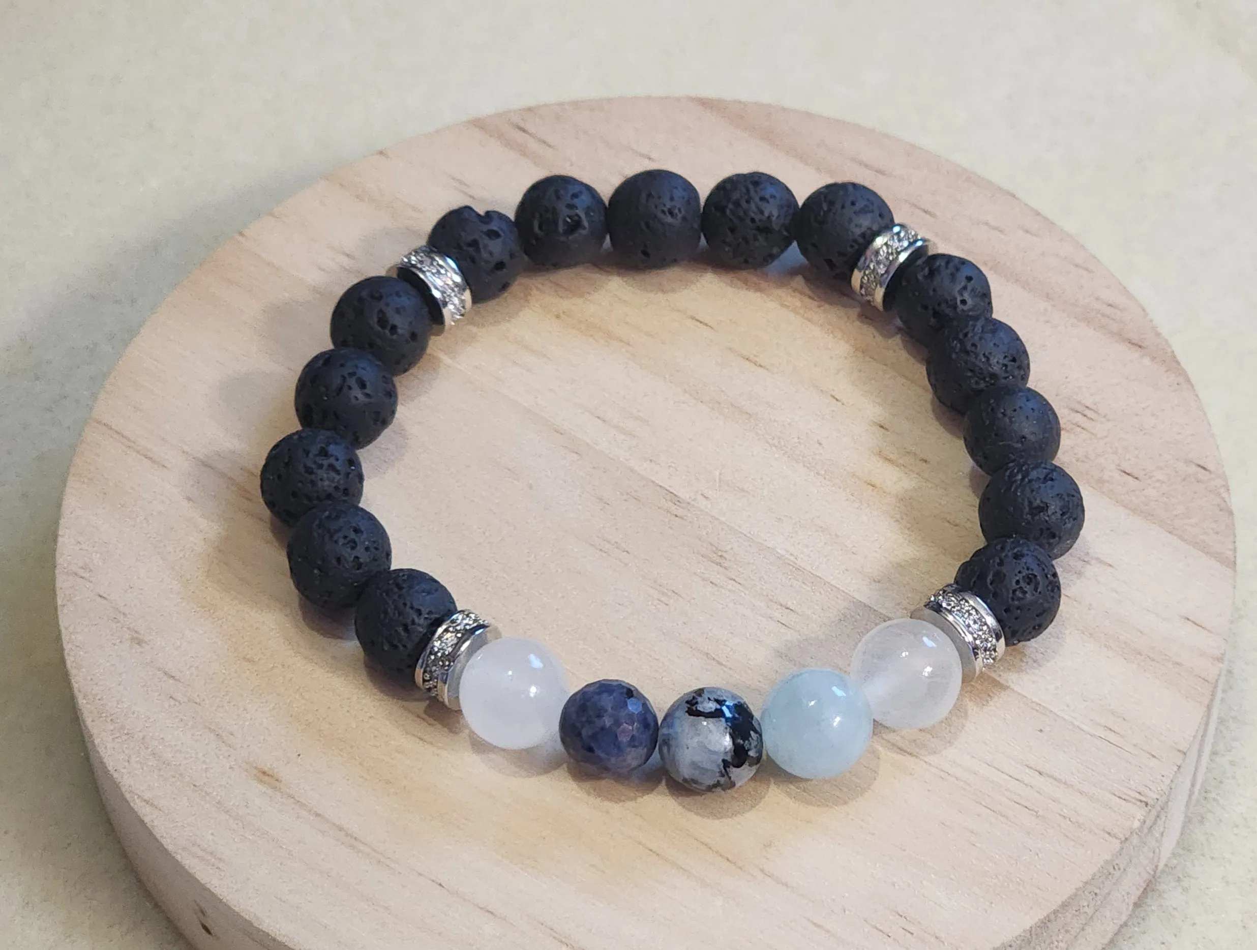 Bracelet with Moonstone, Sapphire, Aquamarine, Selenite, and Lava stones