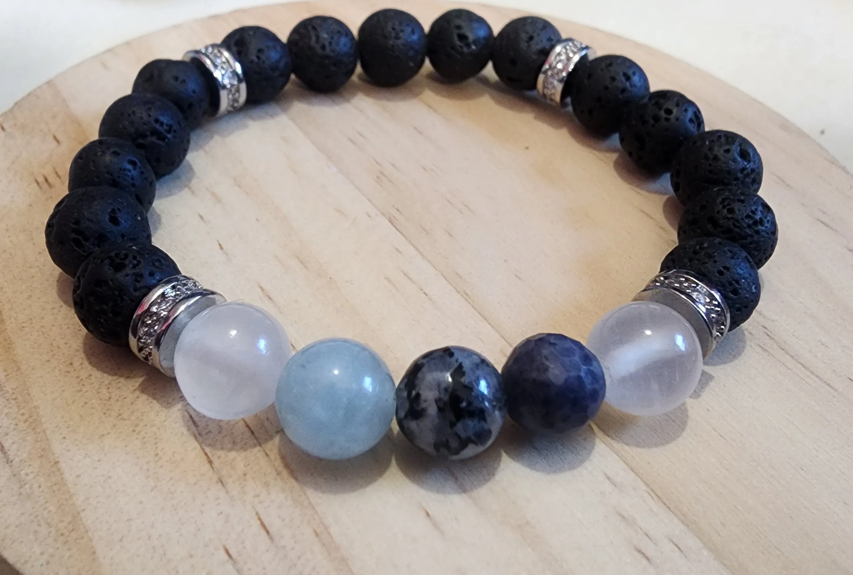 Bracelet with Moonstone, Sapphire, Aquamarine, Selenite, and Lava stones