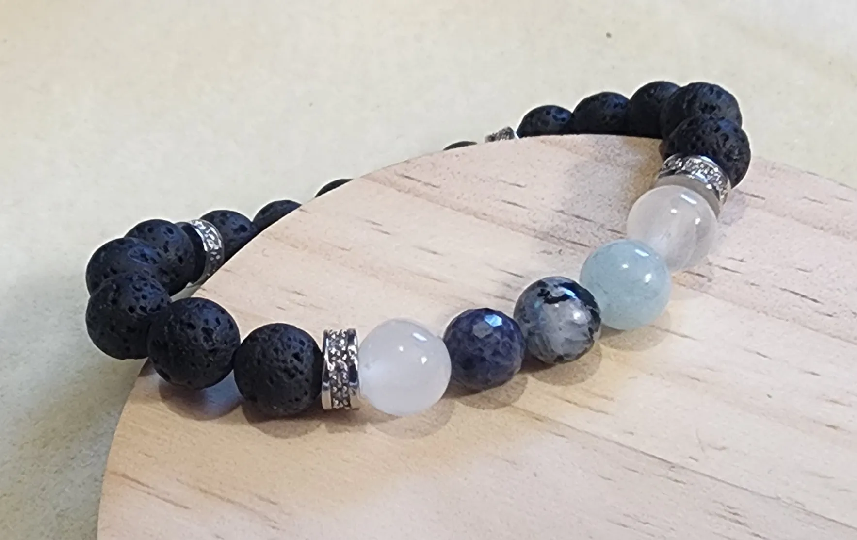 Bracelet with Moonstone, Sapphire, Aquamarine, Selenite, and Lava stones