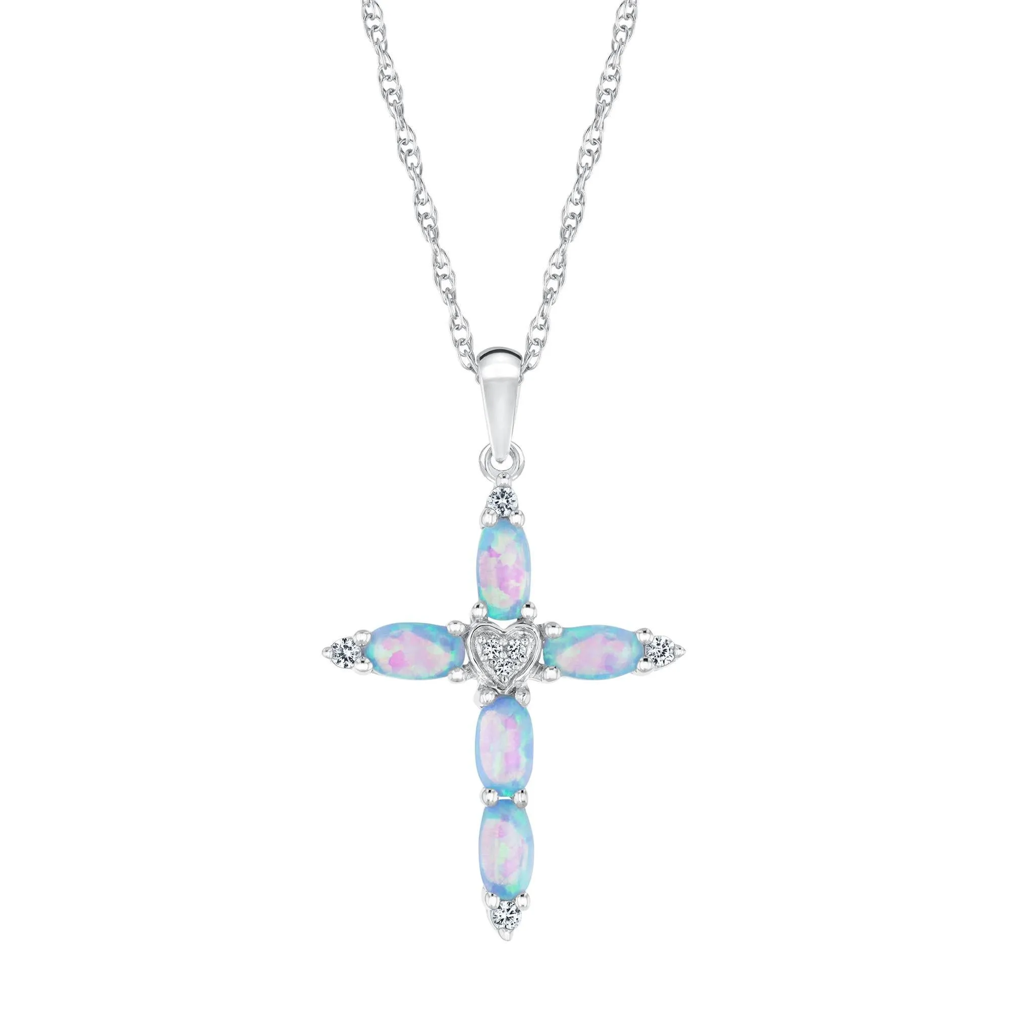 Created Blue Opal and Created White Sapphire Cross Necklace