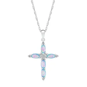 Created Blue Opal and Created White Sapphire Cross Necklace