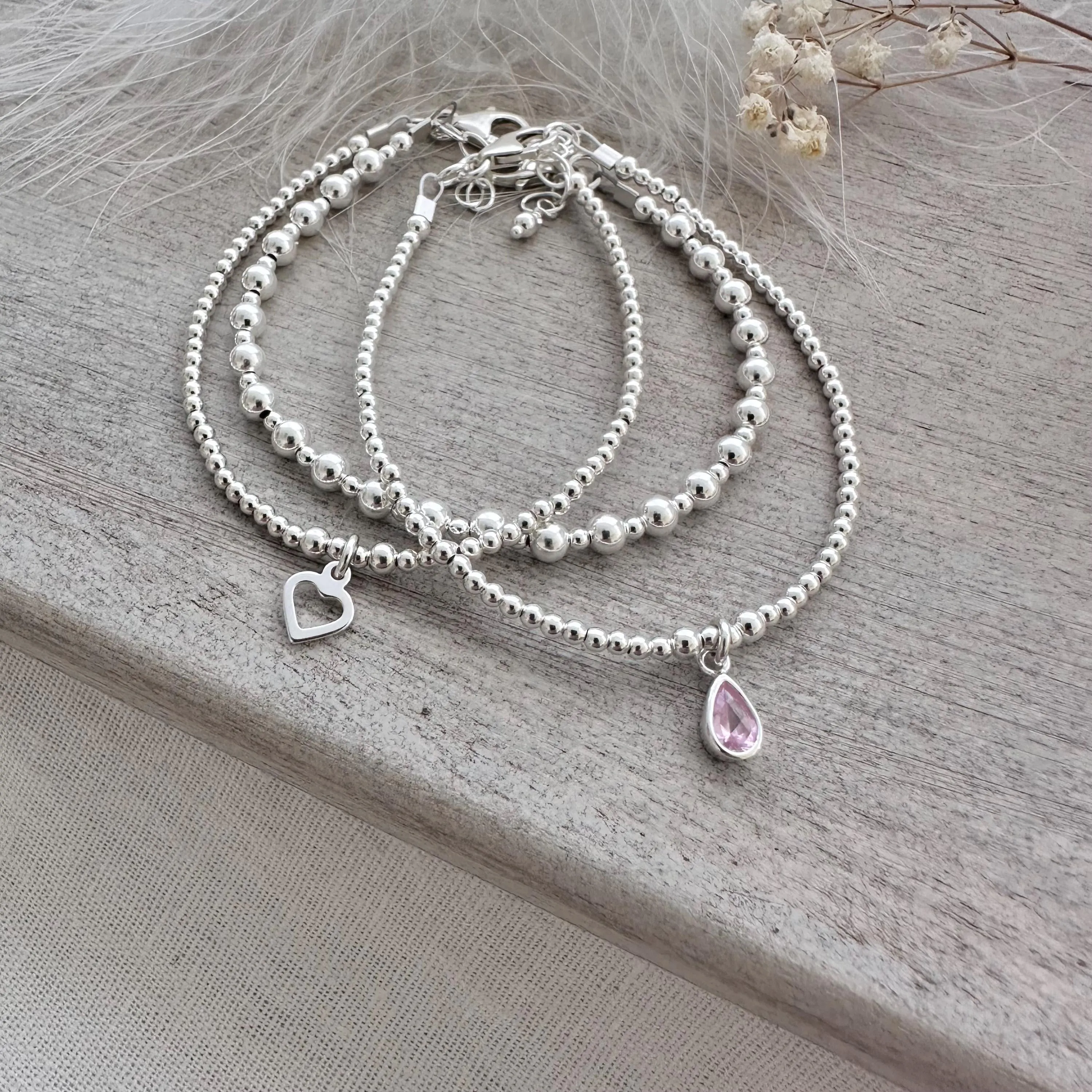 Cubic zirconia Birthstone Bracelet Set, Sterling Silver Stacking Bracelets a Birthday gift for women