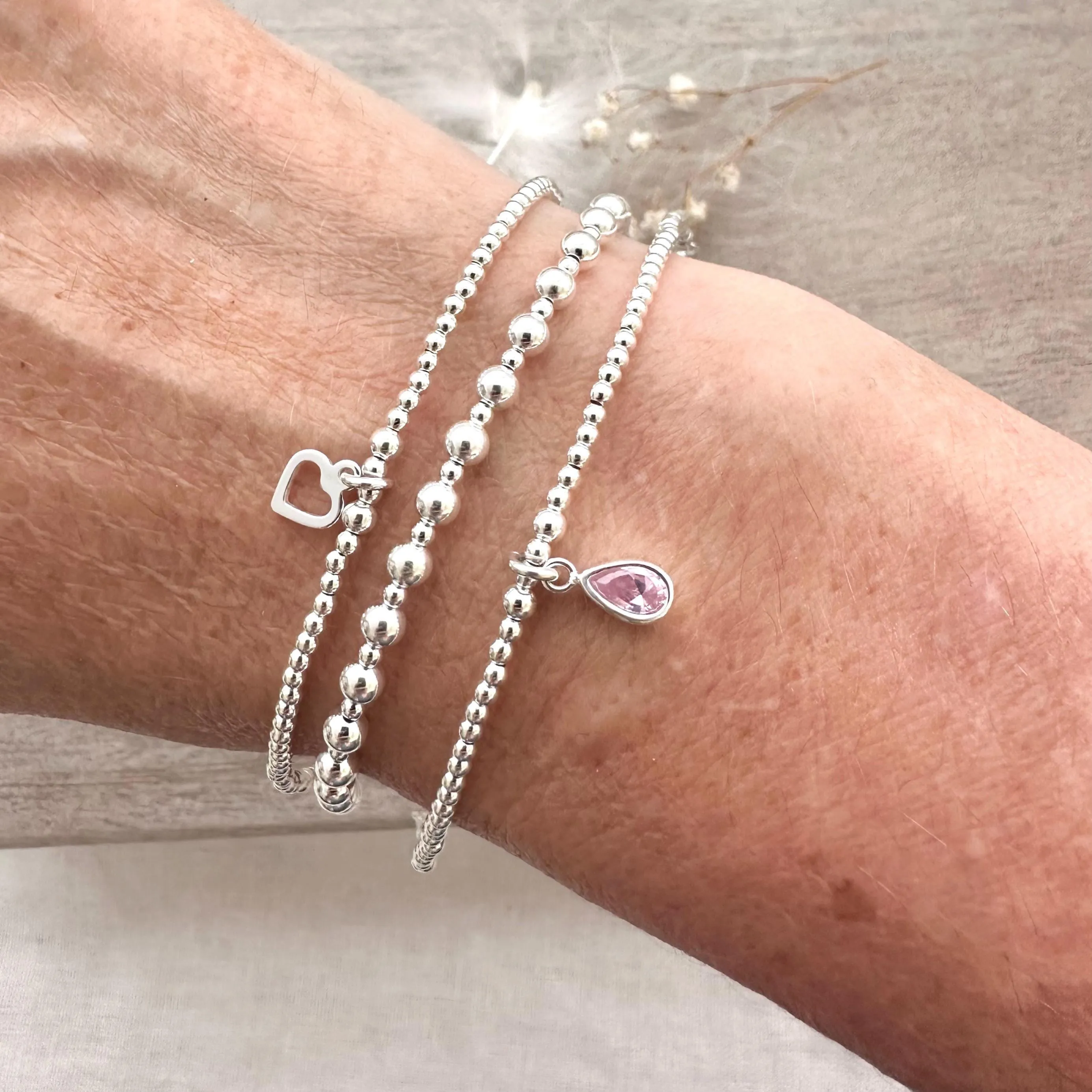 Cubic zirconia Birthstone Bracelet Set, Sterling Silver Stacking Bracelets a Birthday gift for women