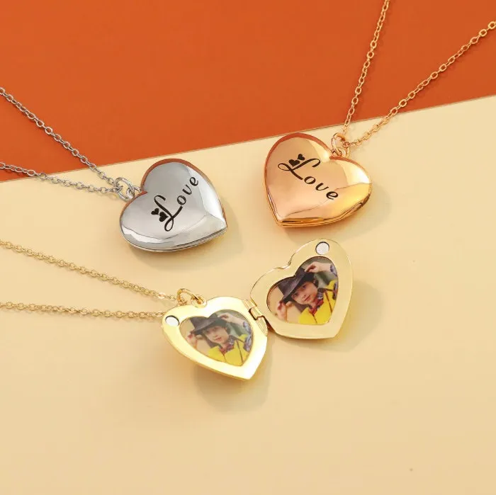 Custom Heart Locket Necklace - Personalized Photo Lock - Personalised Image Text Engraving Gift for Her Girlfriend Mom Wife Anniversary
