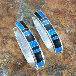 David Rosales Black Beauty Inlaid Sterling Silver Earrings Long Huggies