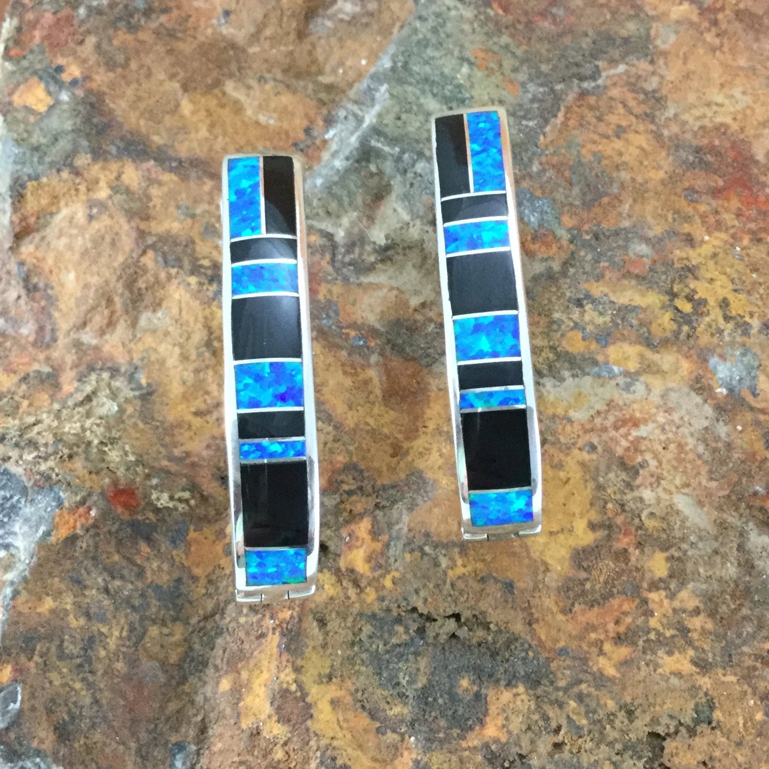 David Rosales Black Beauty Inlaid Sterling Silver Earrings Long Huggies