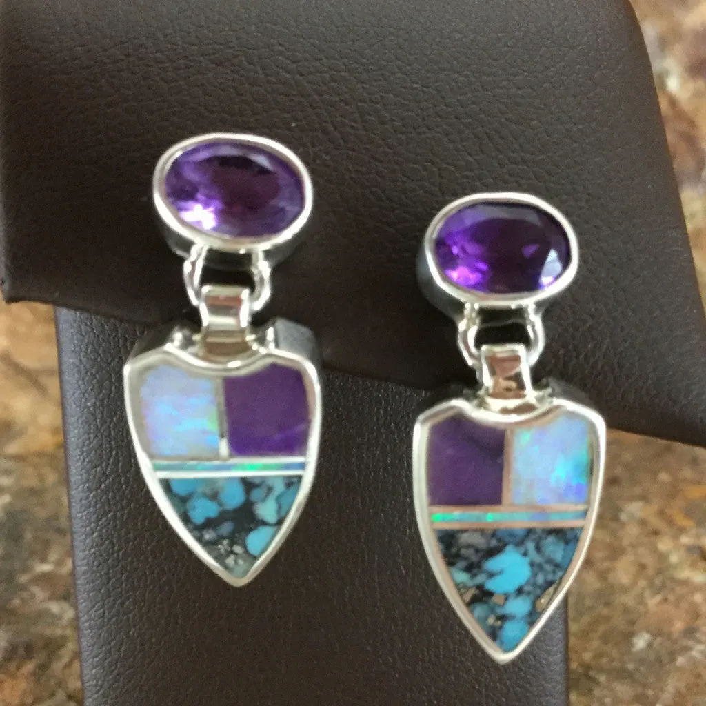 David Rosales Shalako Inlaid Sterling Silver Earrings w/ Amethyst Leaf