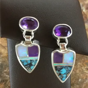 David Rosales Shalako Inlaid Sterling Silver Earrings w/ Amethyst Leaf
