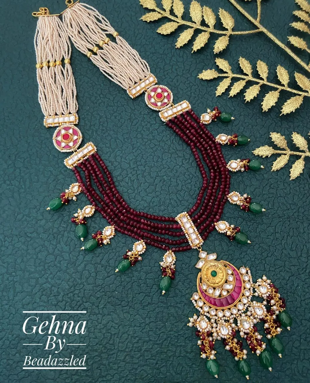 Designer Handmade Multi Layered Beaded Kundan Long Maroon Necklace Set