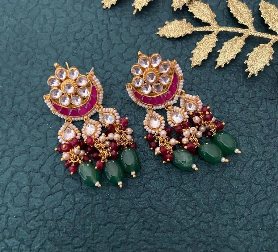 Designer Handmade Multi Layered Beaded Kundan Long Maroon Necklace Set