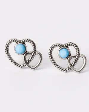 Double Heart and Turquoise Bezel Twisted Rope Stud Earrings Coastal Cowgirl.