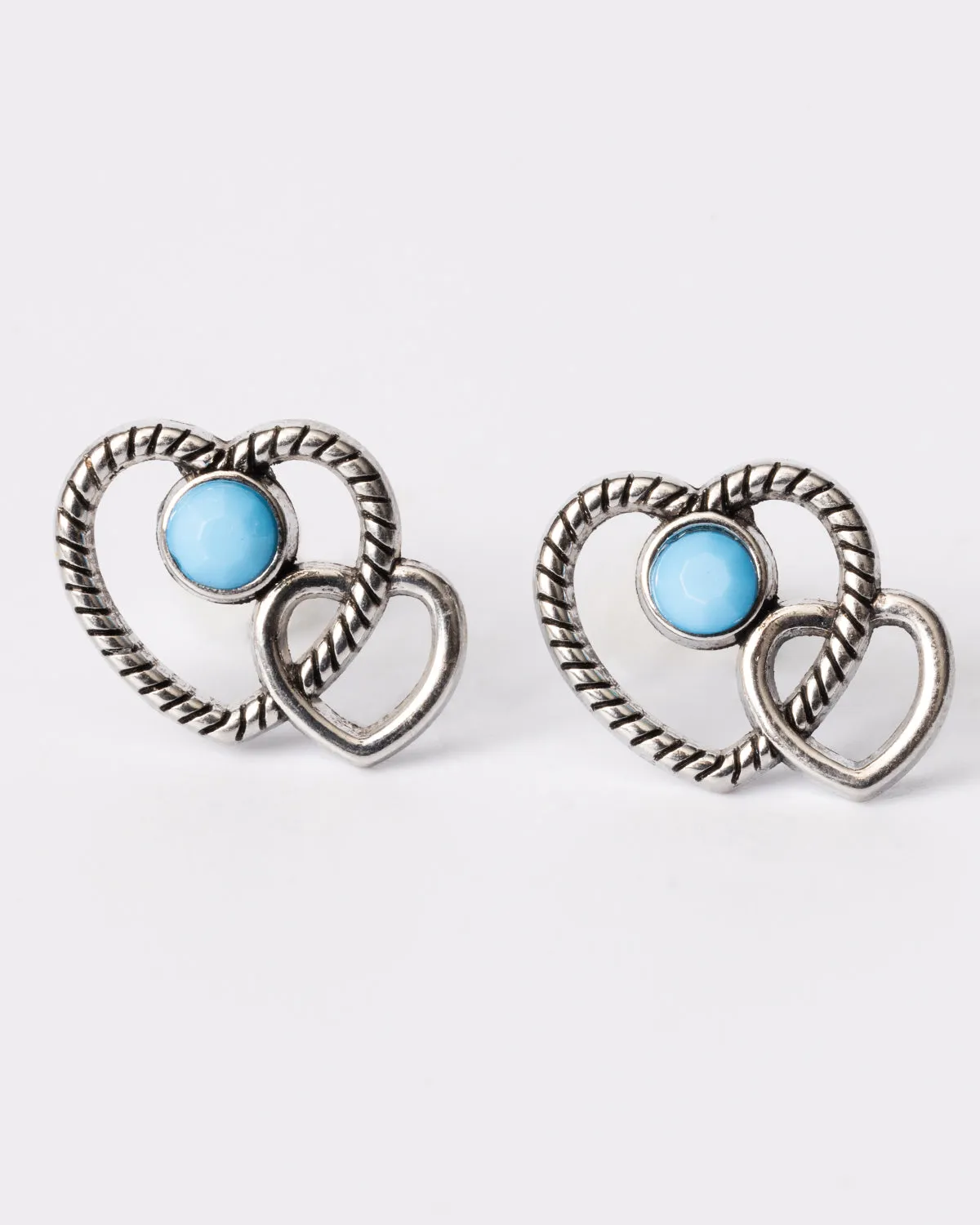 Double Heart and Turquoise Bezel Twisted Rope Stud Earrings Coastal Cowgirl.