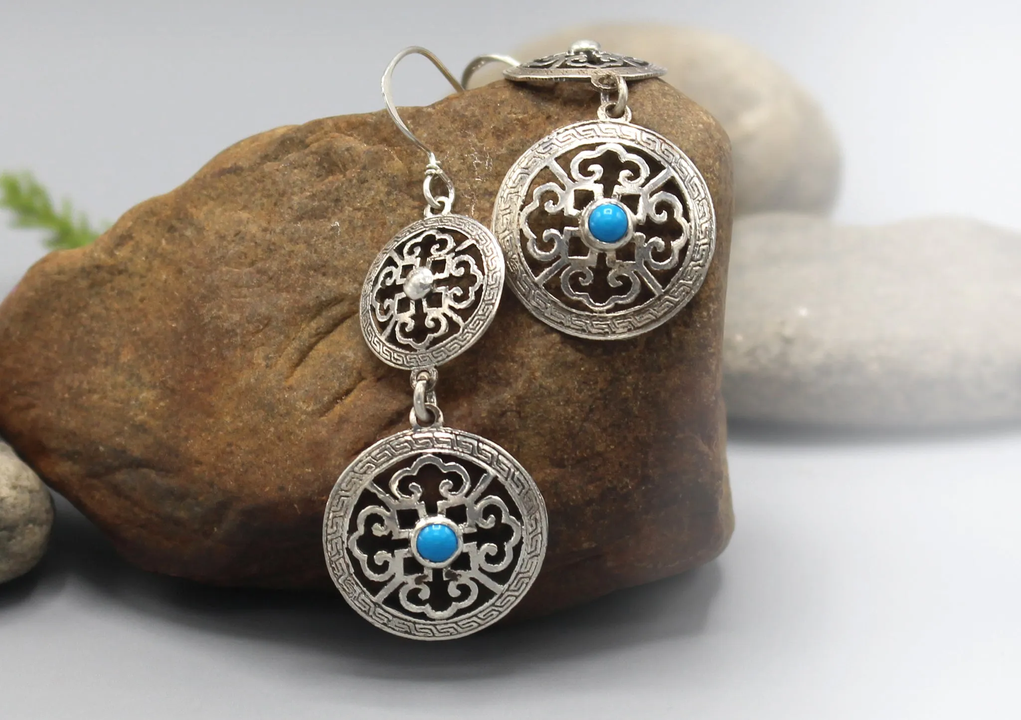 Double Mandala Dangle Sterling Silver Earrings