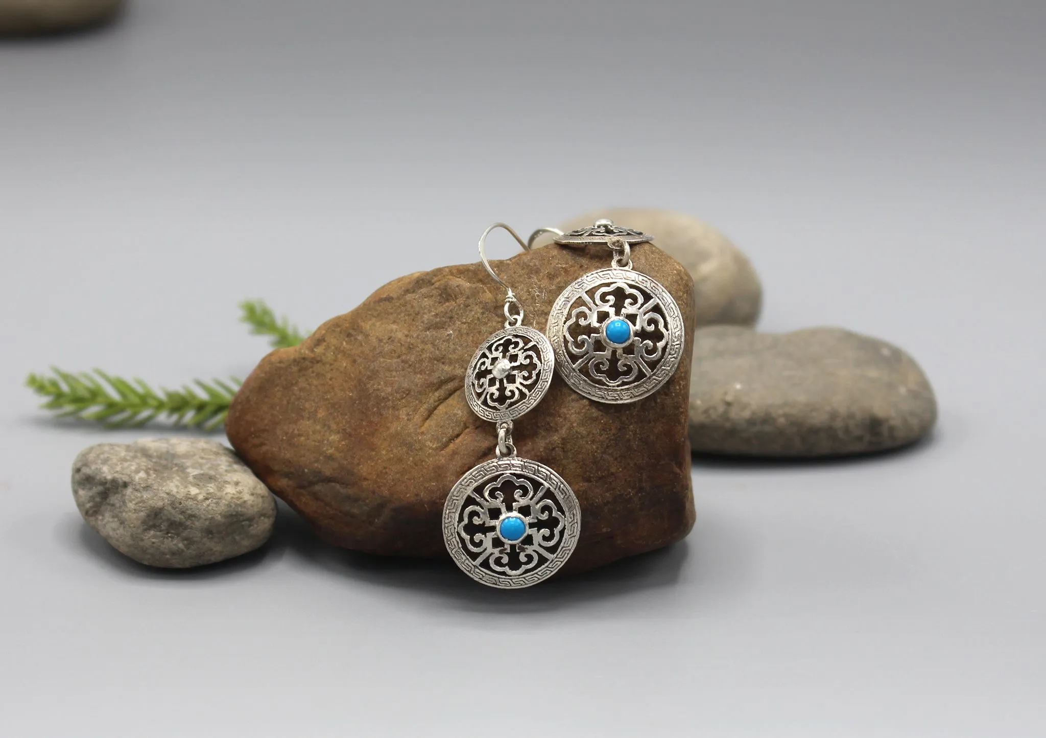 Double Mandala Dangle Sterling Silver Earrings