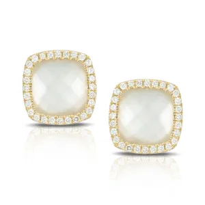 Doves 18K Yellow Gold Diamond Stud Earrings with Clear Quartz over Mother of Pearl Doublet