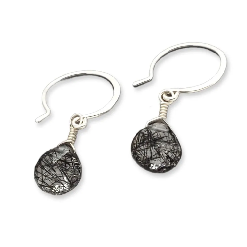 Earrings - Black Sea Tourmalated Quartz Gemstone Drops Sterling by Foamy Wader
