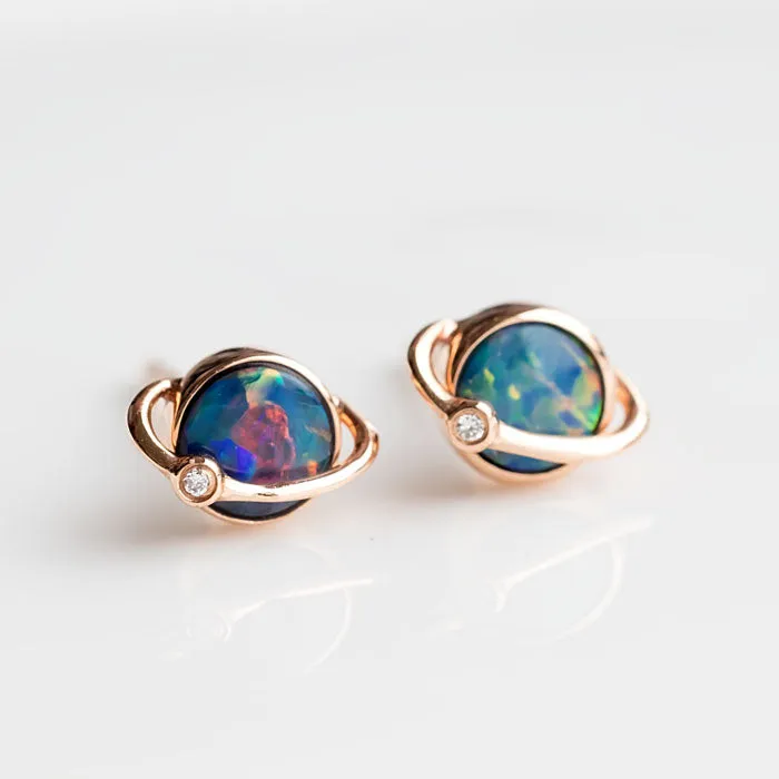 Earth Moon Design Australian Doublet Opal & Diamond Stud Earrings 18K White Gold