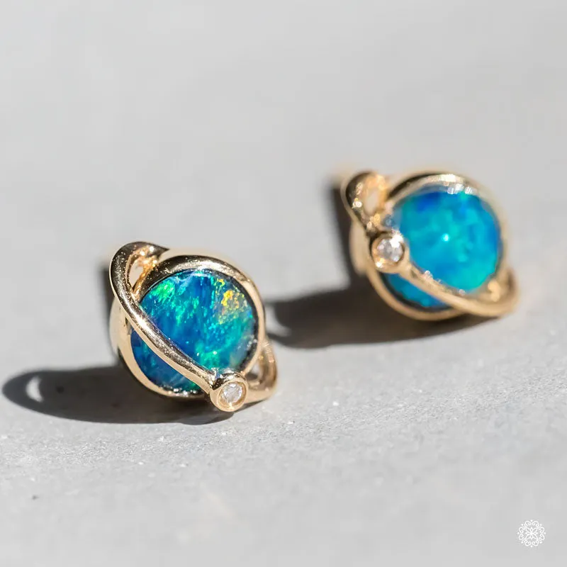 Earth Moon Design Australian Doublet Opal & Diamond Stud Earrings 18K White Gold