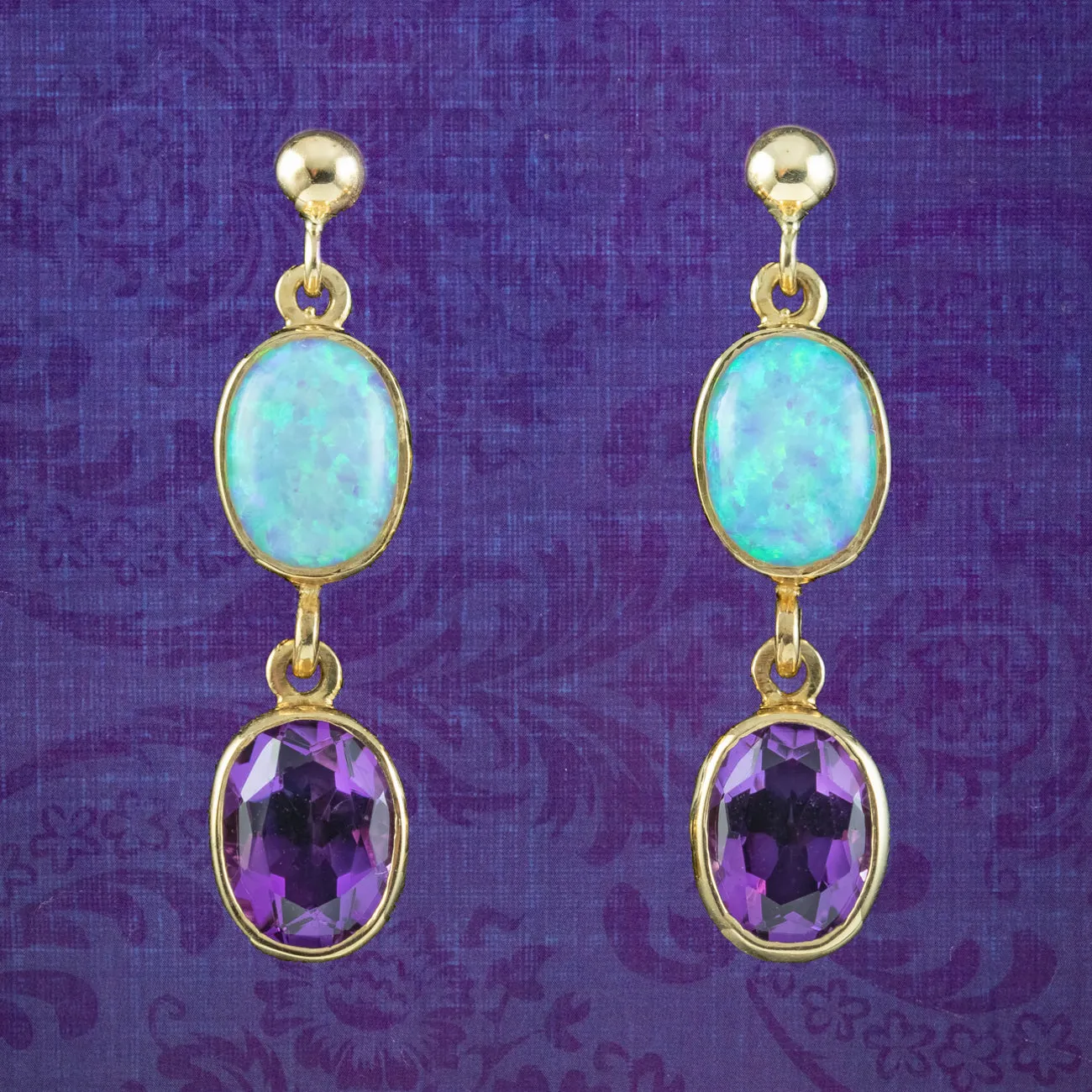 Edwardian Style Opal Amethyst Drop Earrings 9ct Gold