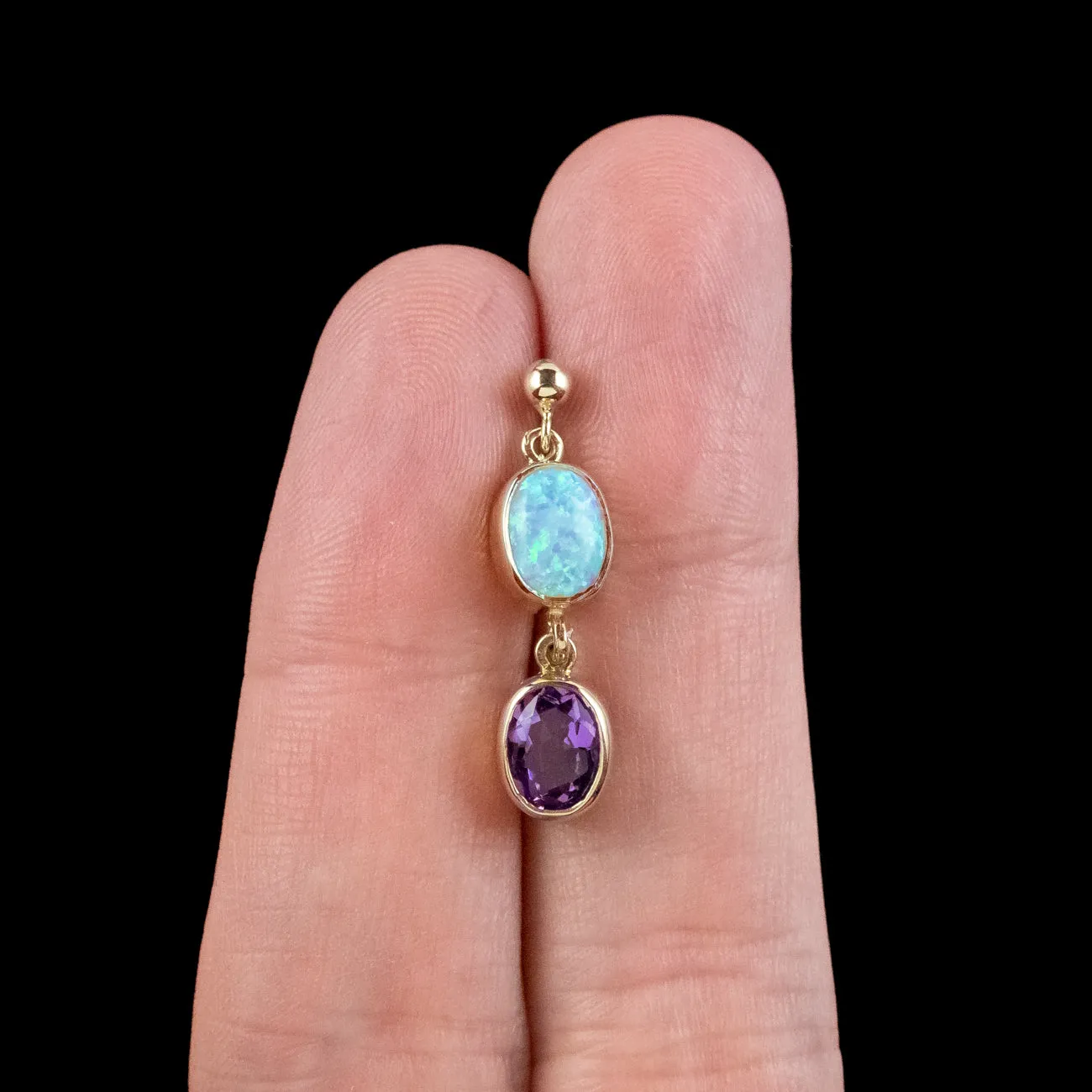 Edwardian Style Opal Amethyst Drop Earrings 9ct Gold