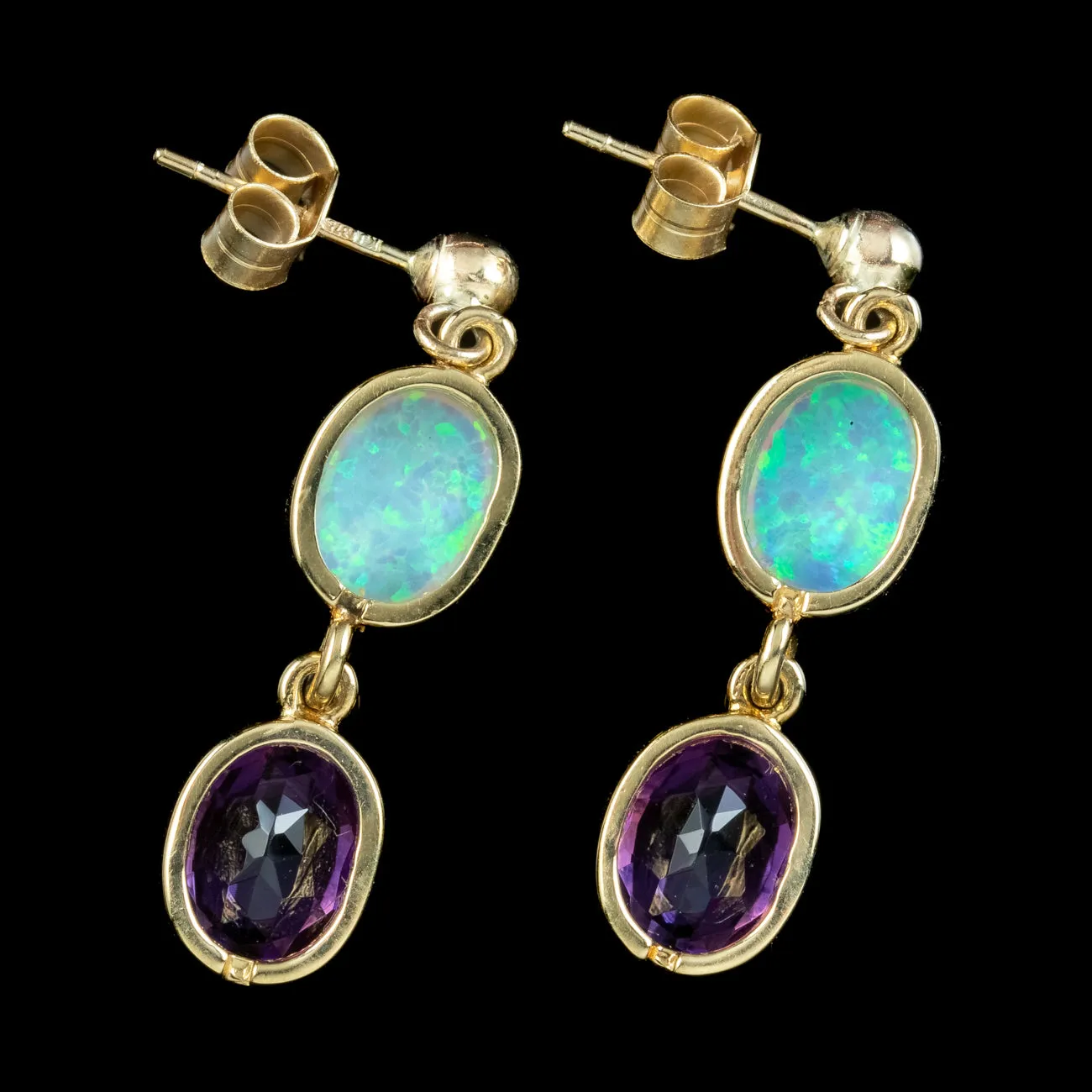 Edwardian Style Opal Amethyst Drop Earrings 9ct Gold