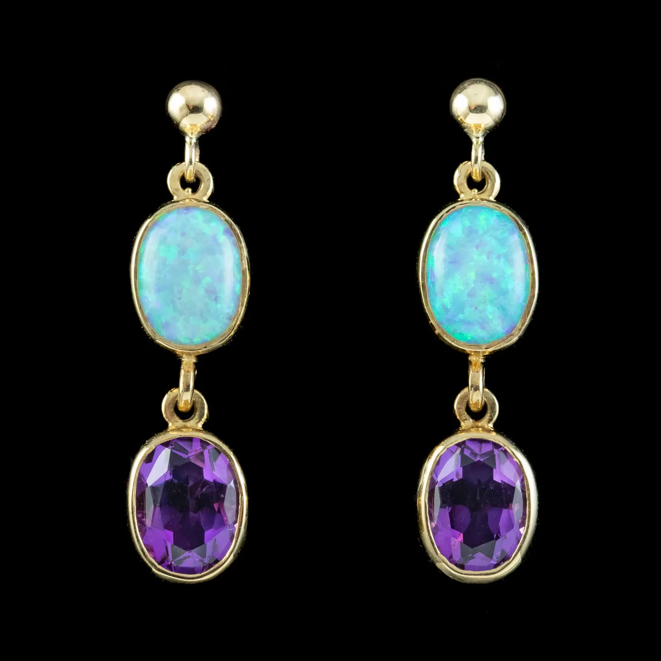 Edwardian Style Opal Amethyst Drop Earrings 9ct Gold