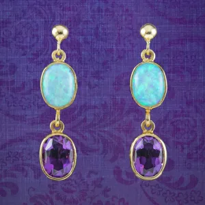 Edwardian Style Opal Amethyst Drop Earrings 9ct Gold