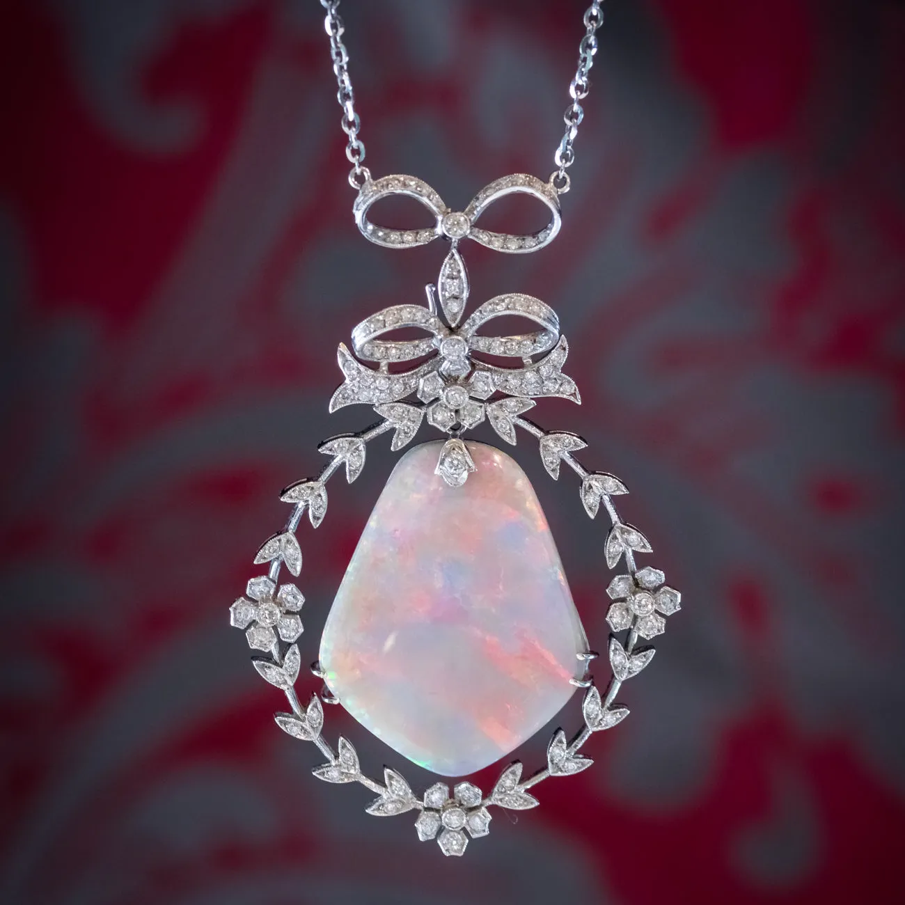 Edwardian Style Opal Diamond Lavaliere Pendant Necklace 18ct Gold 3ct Of Diamond