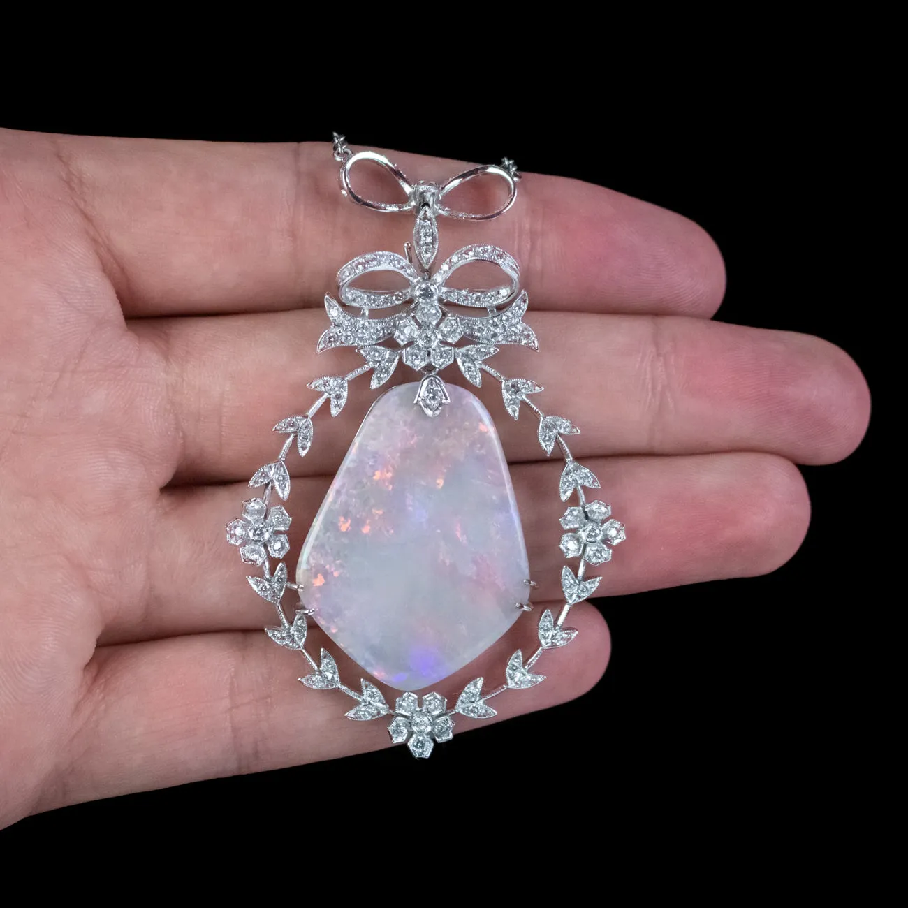 Edwardian Style Opal Diamond Lavaliere Pendant Necklace 18ct Gold 3ct Of Diamond