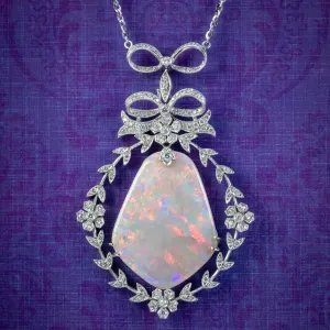 Edwardian Style Opal Diamond Lavaliere Pendant Necklace 18ct Gold 3ct Of Diamond