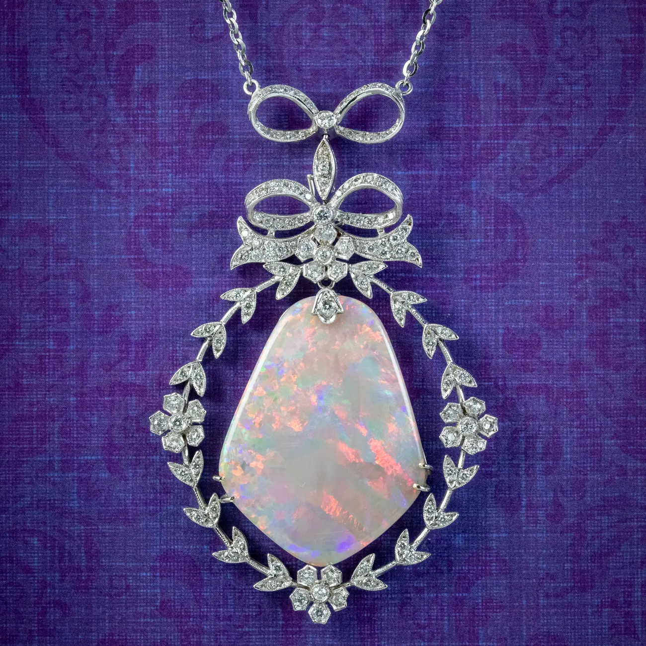 Edwardian Style Opal Diamond Lavaliere Pendant Necklace 18ct Gold 3ct Of Diamond