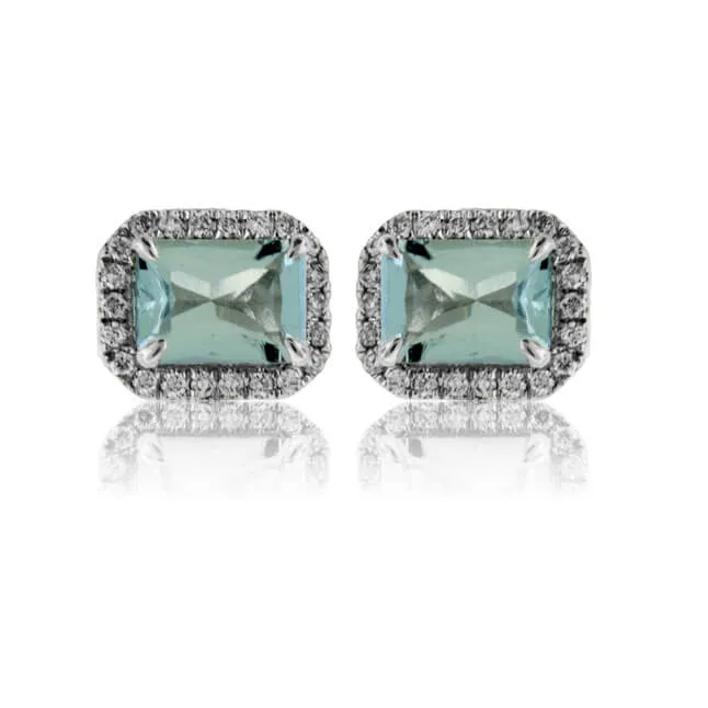 Emerald-Cut Aquamarine and Diamond Halo Stud Earrings